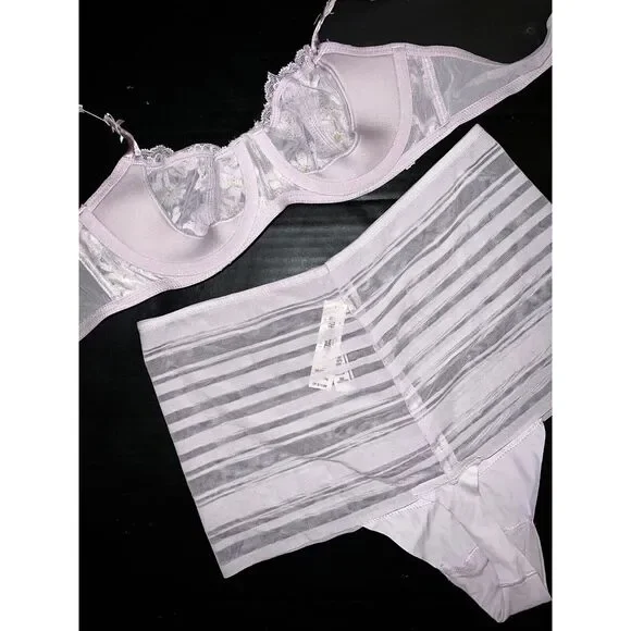 Victoria's Secret 34B,34DD BRA SET S,M high-waist Lilac Pink floral applique - Picture 4 of 5